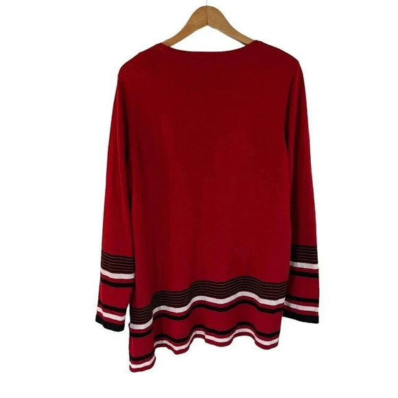 Calvin Klein Red Striped Sweater Tunic XL Slit Hem Black And White Trim Knit Top - Picture 2 of 9